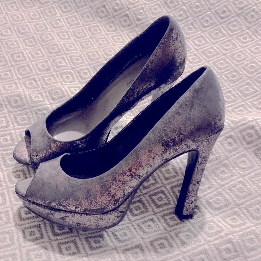 Metallic Pewter Peep Toe Heels